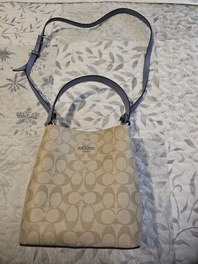 Coach Beige Signature Canvas Bucket Bag with Blue Leather Straps